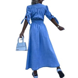 Nukty Women Deep V Neck Single-breasted Cardigan Thin Denim Dresses Lace-up Half Sleeve Dress Casual Fashion Female High Waist Gown