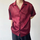 Nukty Summer Men's Stylish Shirt Cuban collar Satin Silk Wine Red Dress Shirts Short Sleeve Tops Wedding Prom Party Holiday Blouse Man