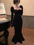 Nukty Elegant French Black Long Mermaid Dresses for Women Autumn Winter Square Collar Puff Sleeve High Waist A-Line Vestidos Mujer New