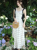 Nukty Summer Dot Spaghetti Strap Womens Dresses French Style Sleeveless Ruffles Strap Birthday Party Dress A-line Vestidos New Outfits