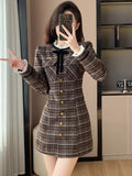 Nukty Small Fragrant Style French Bow Slim Fit Dress Lace Brown Plaid Round Neck Long Sleeved Single Breasted Waist Dresses For Women