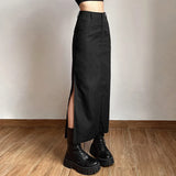 Nukty Women Midi Skirts Goth Dark Grunge Casual Tag Split Mall Gothic Punk High Raise Slim Long Skirt Y2k Sexy Fashion Streetwear