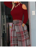 Nukty Casual Holiday Outfits For Women Cold Shoulder Top & Plaid Print Wide Leg Pants Set New High Waist Suits Woman Clothing