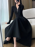 Nukty Vintage Elegant Solid Knitted Midi Dresses Women Korean Casual Long Sleeve Slim A-Line Black Birthday Party Robe Autumn Clothing