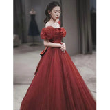 Nukty DRESS TO IMPRESS Burgundy Off Shoulder Prom Dresses Elegant Pleated Bowknot Princess Dress Vestidos Women Formal Floor-Length Evening Gowns