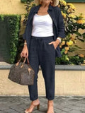 Nukty Cotton Linen Set Women Spring Summer Loose Oversize Long Sleeve Shirt Long Pants 2 Piece Sets Casual Office Ladies Trousers Suit