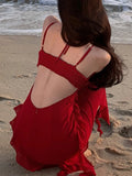 Nukty Women French Style Elegant Vintage Red Ruffles Party Dresses Slim A-Line V-Neck Wedding Evening Dress Spring Summer New