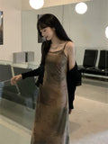 Nukty Vintage Double-Layer Mesh Printed Maxi Dresses For Women Grunge Gothic Spaghetti Strap Vestidos Korean Style Sheer Dress