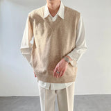 Nukty Spring Men's Clothing Luxury Knit Vest Sweater Retro V Neck Sleeveless Loose Stylish Vintage Solid Color Leisure Knitwear