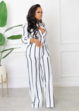 Nukty Autumn Winter Fashion Striped Print Set Women's Long-sleeve Button Shirt Wide-leg Pants Two-piece Suit Casual Office Ladies Sets