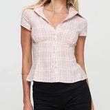 Nukty  Women's Y2K Short Sleeve Plaid Button Down Shirt Button Down Blouses Tops Casual Summer Shirt Tops 90s Streetwear