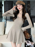 Nukty Autumn Solid Knitted Dresses for Women Elegant Fashion V-Neck Slim Evening Party Mini Dress Female A-Line Casual Vestidos Mujer