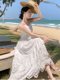 Nukty Elegant Hollow Out Womens Dresses French Style Spaghetti Strap Evening Party Dress Summer Female A-line Chic Vestidos Long Robe