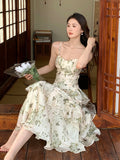 Nukty Summer Floral Chiffon Midi-dresses Women Sleeveless Spaghetti Strap Backless Ruffle Dress Elegant Casual Party Ladies Dresses