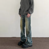 Nukty Jeans Men Streetwear Y2k Vintage Blue Distressed Casual Fashion Street Trousers Straight-leg Autumn Winter Flared Denim Pants