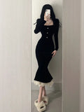 Nukty French Black Lace Square Neck Wrap Hip Fishtail Dress Spring Korean Women Vintage Slim Evening Party Velvet Long Dresses