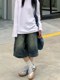 Nukty Y2k Vintage Baggy Jorts Women Wide Leg Five Points Jeans Korean Streetwear Casual Oversize Washed Denim Shorts Summer