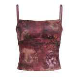 Nukty Vintage Red Mesh Floral Print Crop Top Y2k Retro Sleeveless Skinny Camis Women Casual Chic Summer Holiday Tees Streetwear