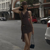 Nukty Harajuku Low-cut Backless Casual Mini Dress Vintage Ring Bandage Pleated Slim Dresses  Party Fashion Street Vestidos
