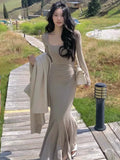 Nukty Elegant Long Sleeve Knitted Mermaid Dresses Women Sexy Fashion Slim Solid Evening Party Prom Casual Vestido Mujer New Autumn
