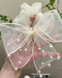 Nukty Mesh Big Bow Elastic Hair Band Ponytail Sweet Pearl Hairdressing Princess Rubber Band Elegant Korean Hair Accessories