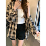 Nukty Checkered Shirt for Women Button Up Collared Plaid Shirt Blouse Female Casual Outfit