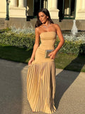 Nukty Women Solid Pleated  Hem Patchwork Long Dress Fashion Backless Strapless Sleeveless Slim Maxi Dresses Sexy Vocation Streetwear