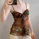 Nukty Retro Mesh Floral Print Camis Sexy See Through Sleeveless Crop Top y2k Vintage Ruffles Tee Summer Holiday Transparent Top
