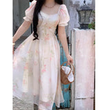 Nukty Women Vintage Floral Print Midi Dress Summer New Fashion Casual Square Collar Female Puff Sleeve Elegant Fairy Holiday Vestidos