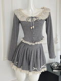 Nukty Y2K Sweet Knitted Skirt Suits Long Sleeves Lace Patchwork Bow Lace-up Princess Tops + Pleat Mini Skirt Womens Two Pieces Set New