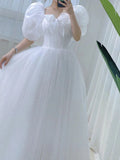 Nukty White Wedding Dress Women Fairy Princess Dress Female Fashion Evening Party Dress Ladies Summer Elegant Puff Sleeve Long Dress