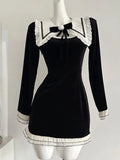 Nukty Y2K Sweet Velvet Womens Dresses French Patchwork Princess Flare Long Sleeves Birthday Party Mini Dress Female Short Vestidos New