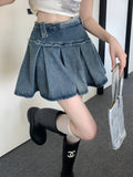 Nukty Vintage Women Street Clothing Solid Color Fashion Blue Denim Short Skirt Fashion Match All Y2K High Elastic Waist Pleated Skirts