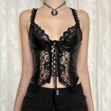 Nukty Punk Sexy Bandage PU Vest Clubwear See Through Lace Patchwork Leather Crop Top Women Summer Skinny Corset Top Gothic Tees