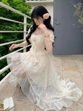 Nukty Elegant Korean Floral Ruffles Fairy Dress Vintage Court Style ShorteSleeve Princess Party Dresses Sweet Slim Waist Vestidos New