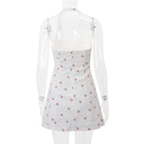 Nukty Cherry Print V-Neck Sleeveless Sexy Backless Casual Halter Mini Dress Y2K Spring Summer Streetwear Party Women Vestidos