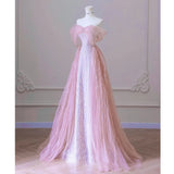 Nukty Exquisite Pink Beaded Sequins Wedding Dress Evening Party Gown with Detachable Tulle Train Birthday Dresses Vestidos De Noche