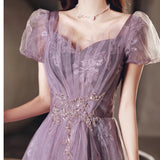 Nukty Purple Tulle Evening Dress Women V-neck Bubble Sleeve Applique Cocktail Dresses Elegant Classic A-line Floor Length Prom Gown