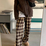 Nukty High Waist Women's Brown Plaid Pants Streetwear Oversize Wide Leg Checkered Trousers Woman Loose Y2K Retro Sweatpants Mujer