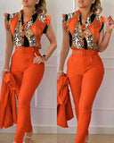 Nukty business casual outfits Womens Elegant Slim Two-Piece Sets Summer Fashion Print V Neck Button Flying Sleeve Shirt Top & Solid Long Pants Suits With Belt