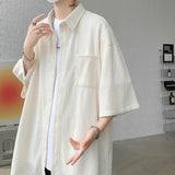 Nukty Wine Red Side Buttons Pleated Shirt Black Apricot Harajuku Button Up Korean Short Sleeve Aesthetic Male Shirts Men Blouse