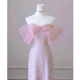 Nukty Exquisite Pink Beaded Sequins Wedding Dress Evening Party Gown with Detachable Tulle Train Birthday Dresses Vestidos De Noche