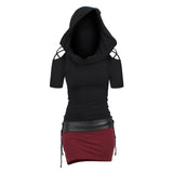 Nukty Hooded Winter Dresses  Gothic style Lace Up Slim Waist Belted Long Sleeve Dress Bicolor Slinky Cowl Front Bodycon Dress Cosplay