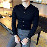 Nukty Men Slim Fit Shirt Autumn Cotton Solid Stand Collar Casual Business Long-sleeved Shirts Male Fashion Camisas Men Clothing