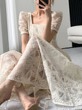Nukty Vintage Fairycore Lace Long Dress Women Princess Sleeve Square Collar Dresses Elegant Beige Solid Evening Party Prom Vestidos