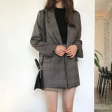 Nukty Women Plaid Blazers Coats Spring Autumn Solid Jacket Female Double Breasted Office Lady Long Overcoat Casual Top