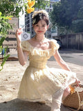 Nukty French Elegant Y2K New Preppy Style Mini Dress Sweet Yellow Lace Puff Sleeves Square-Collar A-Line Slim Wasit Woman Dresses