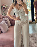 Nukty Two Piece Set Women Outfit Summer Fashion Double Breasted Chain Strap V-Neck Cami Top & Casual Daily Straight Leg Pants Set