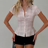 Nukty  Women's Y2K Short Sleeve Plaid Button Down Shirt Button Down Blouses Tops Casual Summer Shirt Tops 90s Streetwear