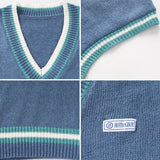 Nukty Autumn Knitted Sweater Vest Men Teens Lazy Striped Harajuku V-neck Preppy Style All-match Streetwear Couples Knitwear Fashion